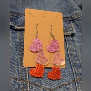 Glitter Heart Dangle Earrings - Pink and Red